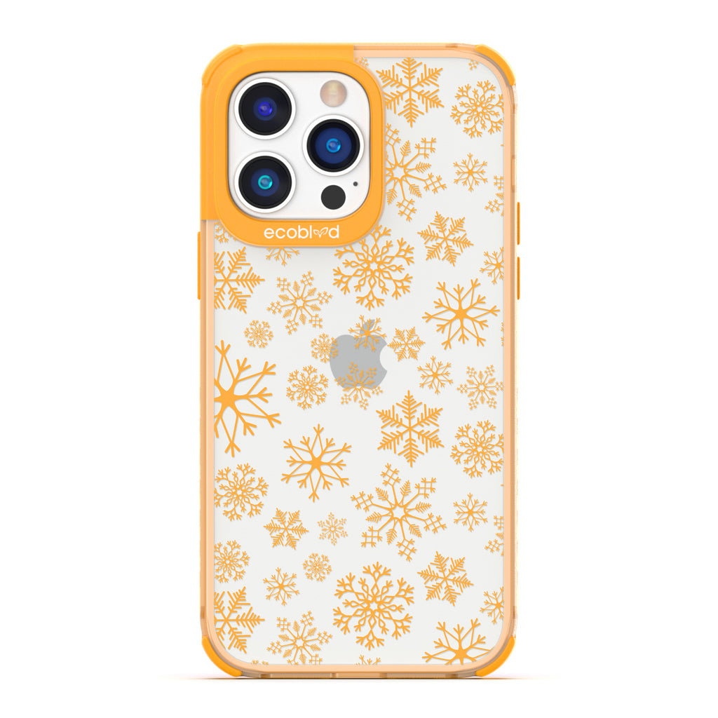 Winter Collection - Yellow Eco-Friendly Laguna iPhone 14 Pro Max Case With A Snowflake Pattern On A Clear Back