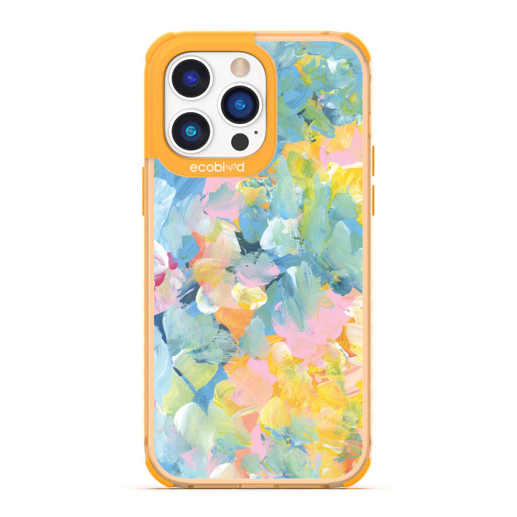 Spring Collection - Yellow Compostable iPhone 14 Pro Case - Pastel Acrylic Abstract Paint Smears & Blots On A Clear Back
