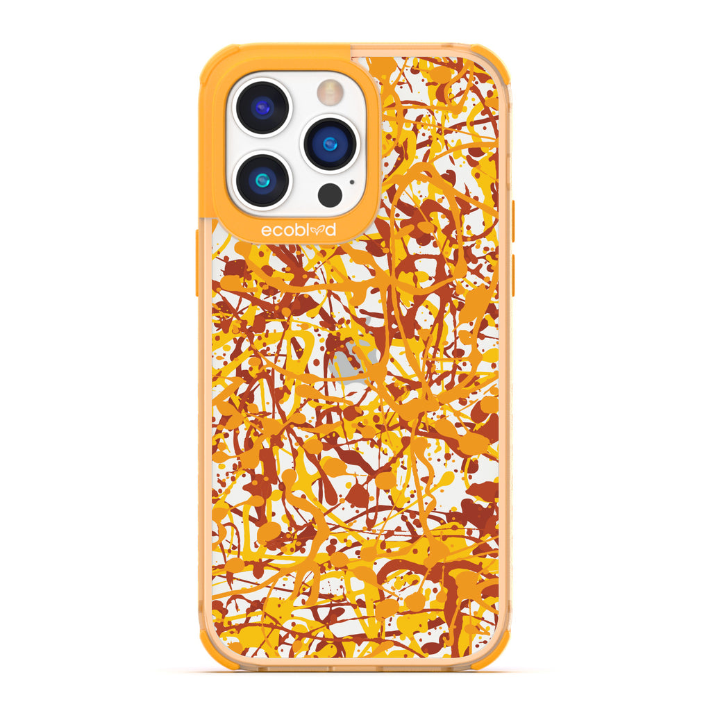 Contemporary Collection - Yellow Compostable iPhone 14 Pro Max Case - Abstract Pollock-Style Painting On A Clear Back