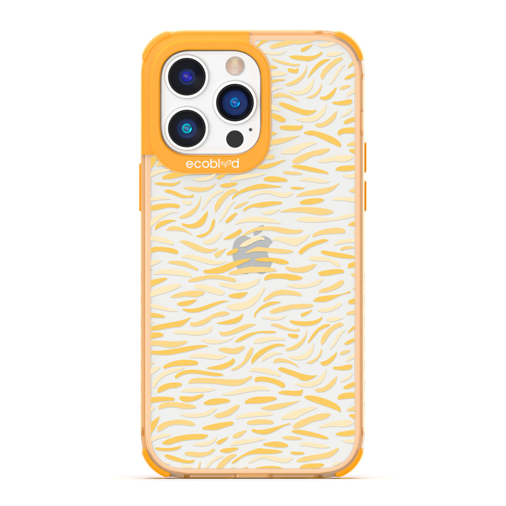 Timeless Collection - Yellow Laguna Compostable iPhone 14 Pro Case With Abstract Paint Brush Strokes On A Clear Back