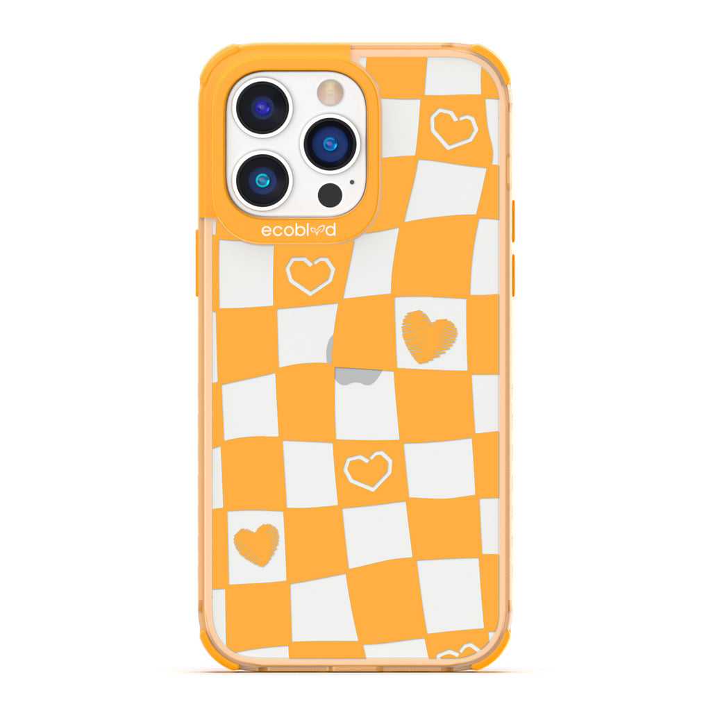 Love Collection - Yellow Compostable iPhone 14 Pro Case - Wavy Checkered Print & Scribbled Hearts On A Clear Back
