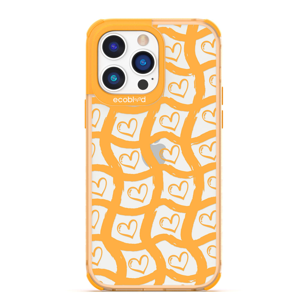 Love Collection - Yellow Compostable iPhone 14 Pro Case - Wavy Paint Stroke Checker Print With Hearts On A Clear Back