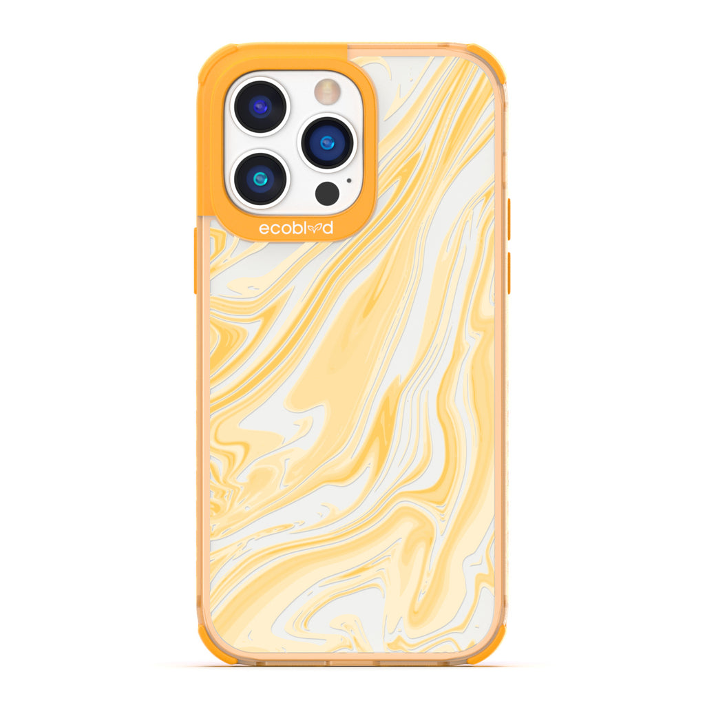 Timeless Collection - Yellow Laguna Compostable iPhone 14 Pro Max Case With Marble Swirls On a Clear Back