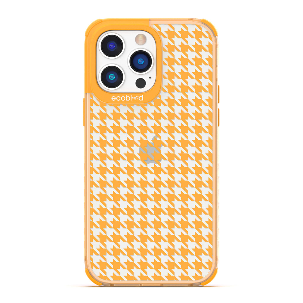 Timeless Collection - Yellow Laguna Compostable iPhone 14 Pro Max Case With A Plaid Houndstooth Pattern On A Clear Back