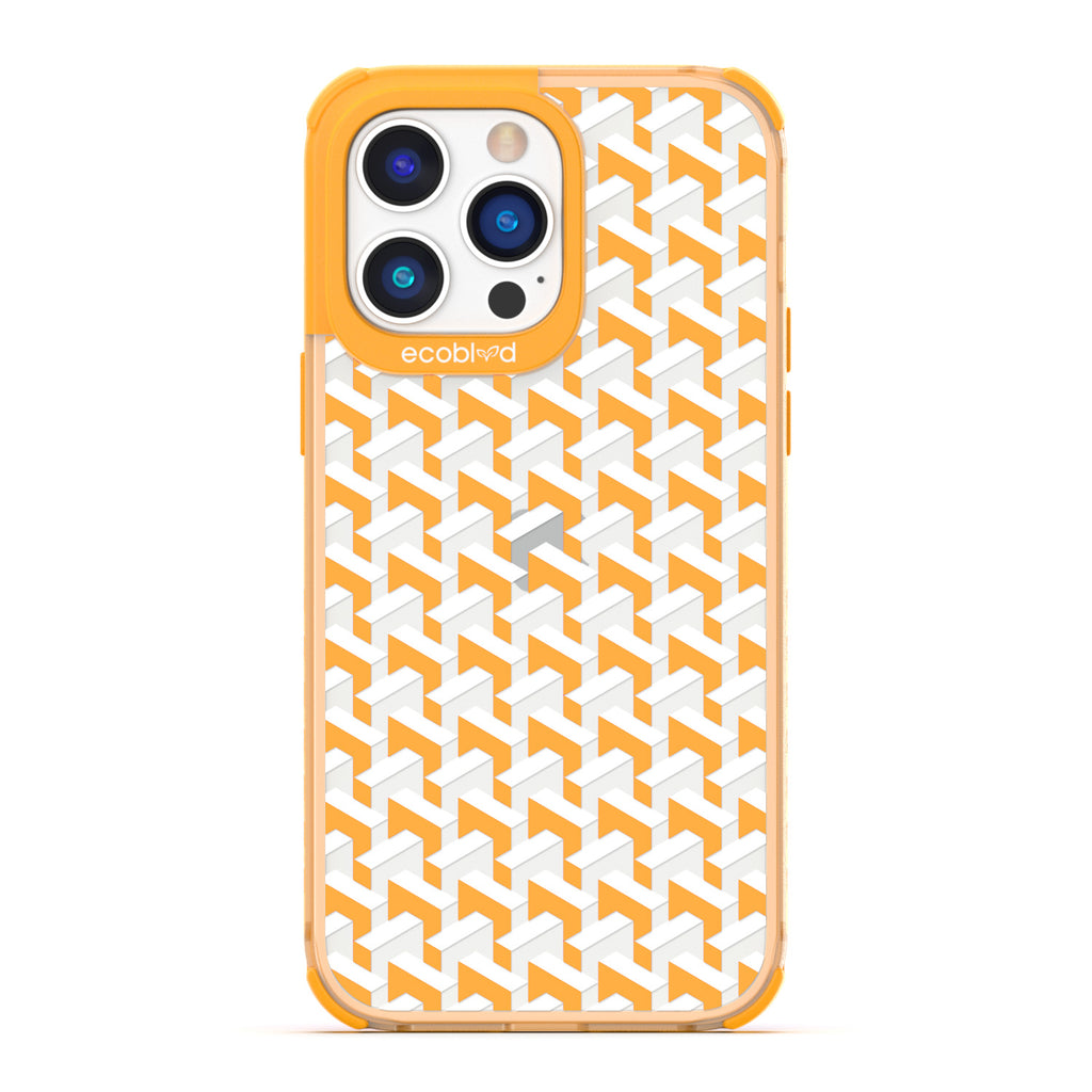 Timeless Collection - Yellow Laguna Compostable iPhone 14 Pro Max Case With High-Fashion Inspired Chevron Print On Clear Back