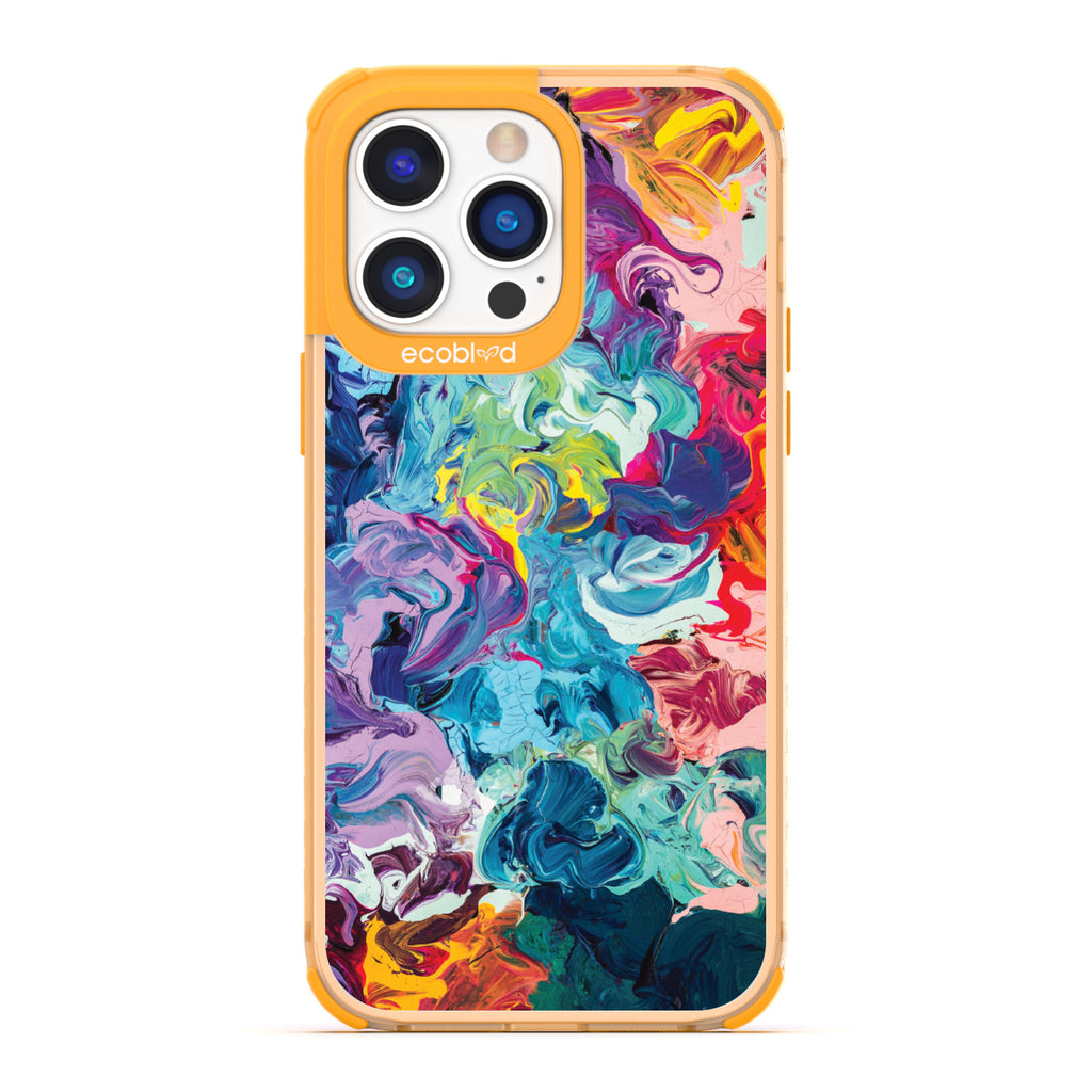 Contemporary Collection - Yellow Compostable iPhone 14 Pro Case - Abstract Colorful Oil Painting On A Clear Back