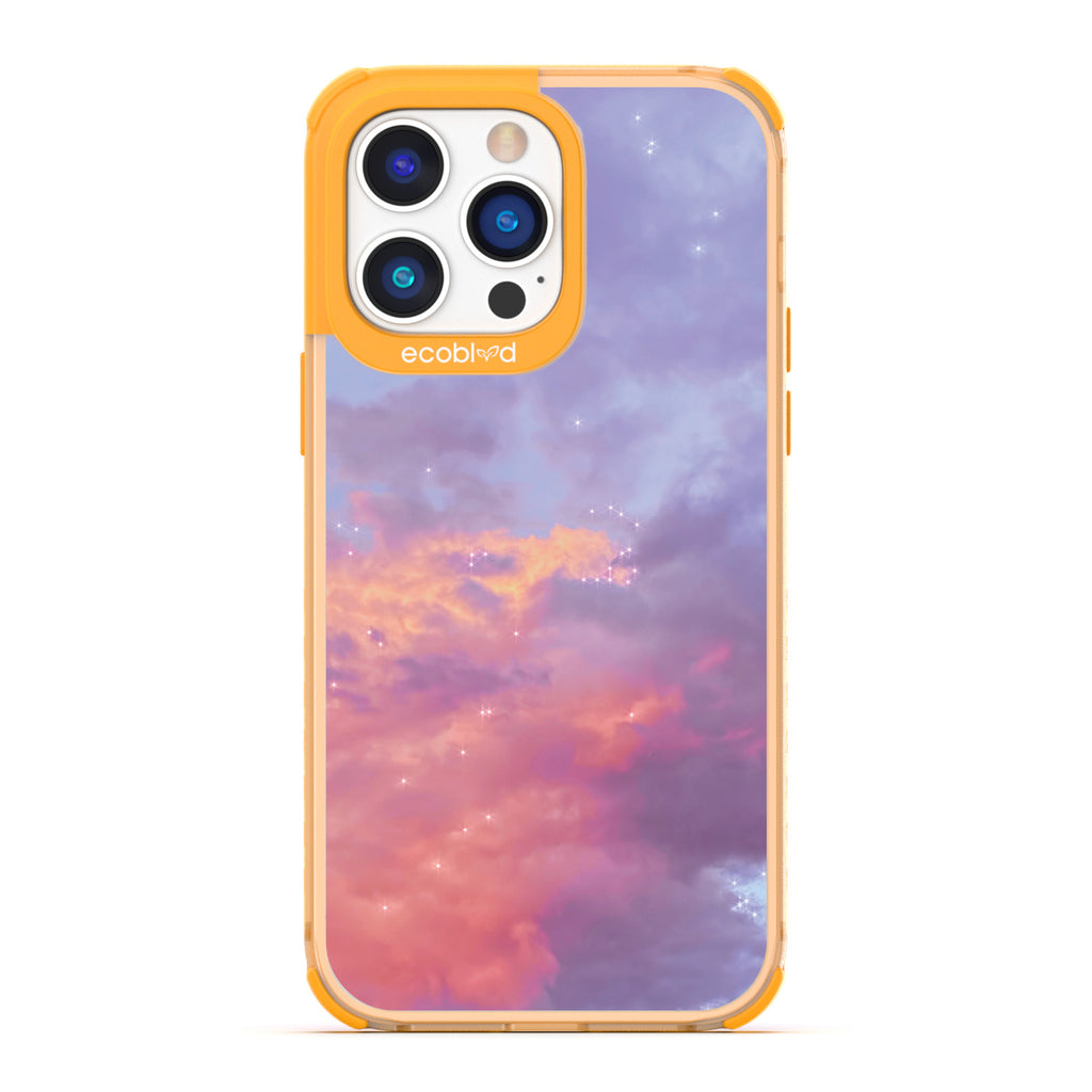 Love Collection - Yellow Compostable iPhone 14 Pro Case - Cloudy Pastel Sunset With Stars On A Clear Back
