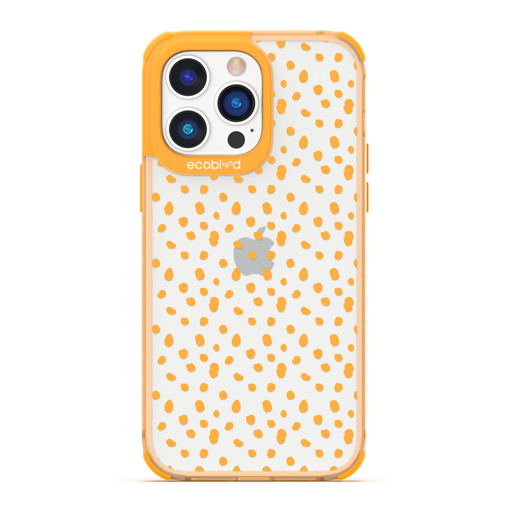Timeless Collection - Yellow Laguna Compostable iPhone 14 Pro Max Case With A Polka Dot Pattern On A Clear Back