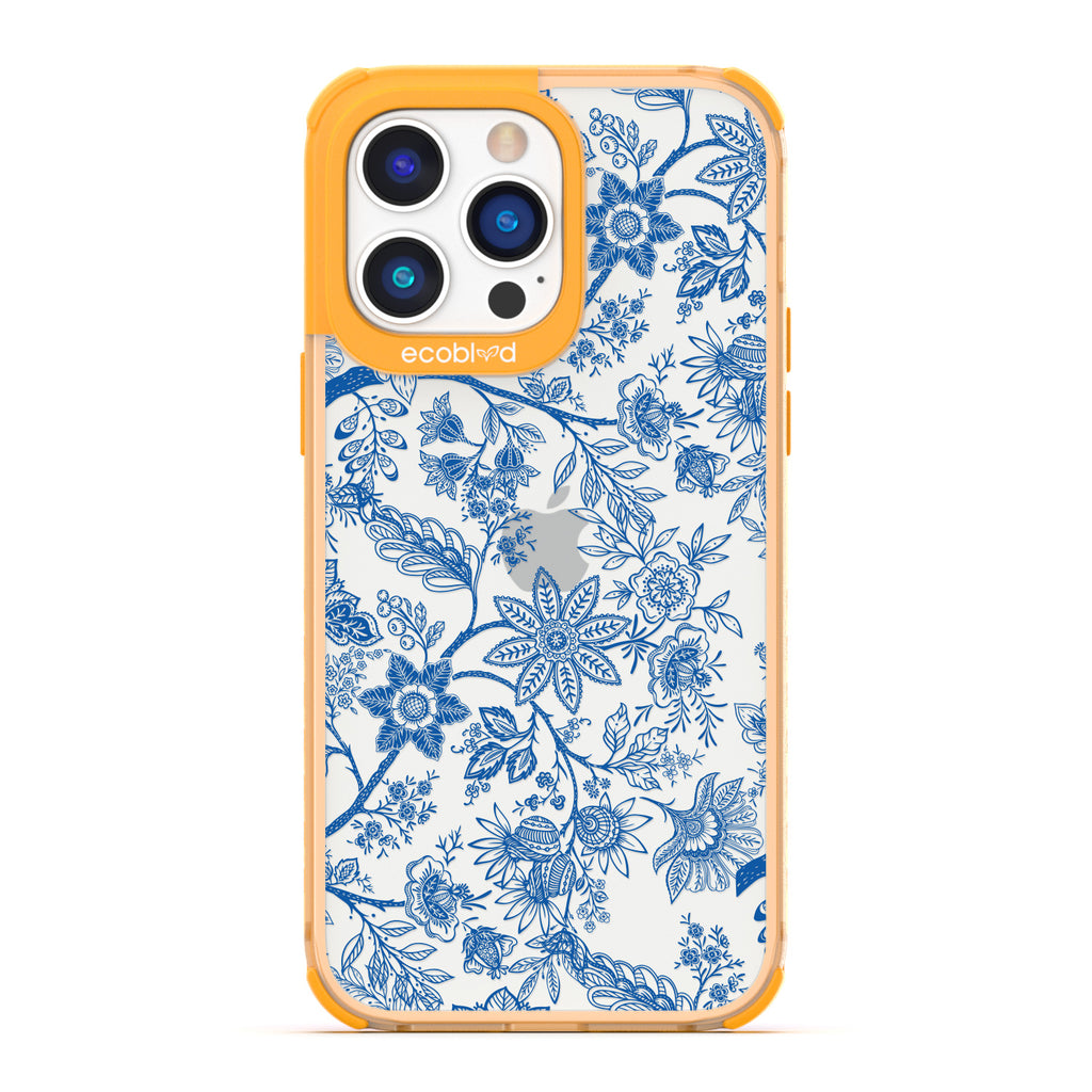 Timeless Collection - Yellow Laguna Compostable iPhone 14 Pro Max Case With Blue Toile De Jouy Floral Pattern On A Clear Back