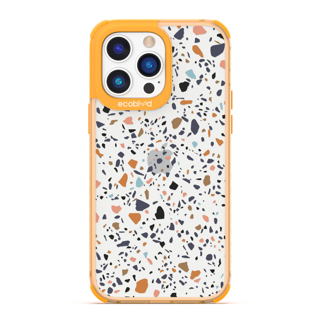 Timeless Collection - Yellow Laguna Compostable iPhone 14 Pro Case With A Speckled Terrazzo Pattern On A Clear Back