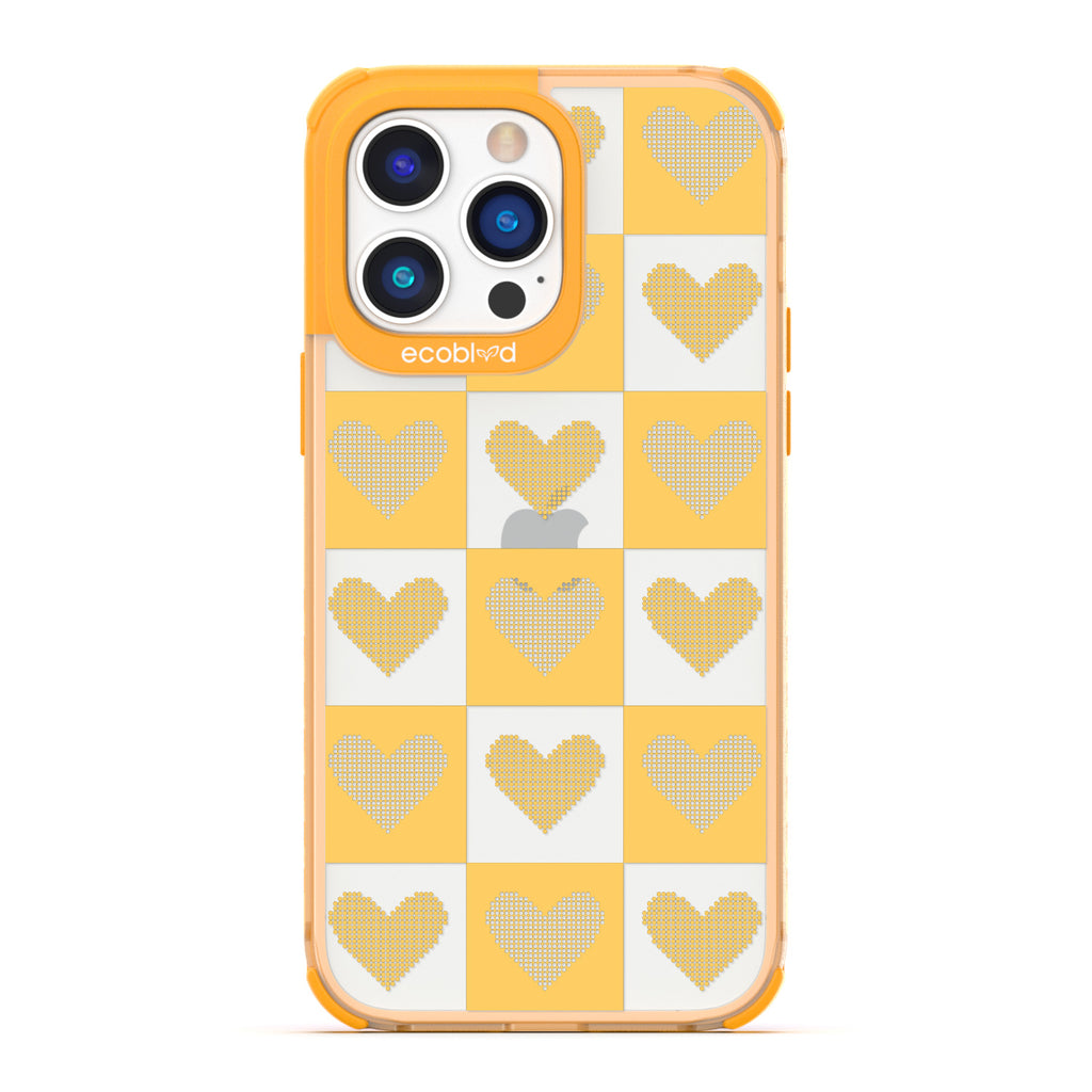 Love Collection - Yellow Compostable iPhone 14 Pro Case - Yellow Checkered Print With Knitted Hearts On A Clear Back