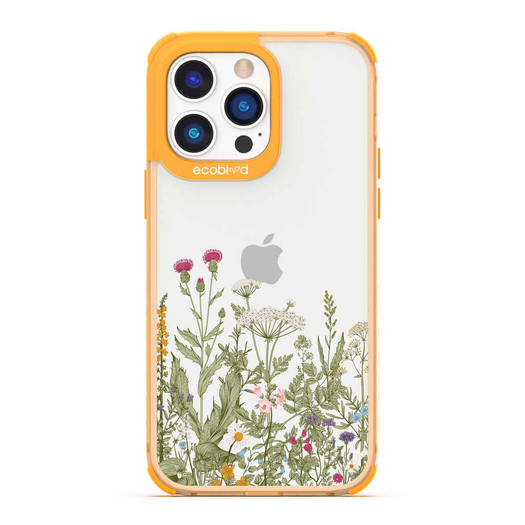 Spring Collection - Yellow Compostable iPhone 14 Pro Case - Wild Herbs & Flowers Botanical Herbarium On A Clear Back
