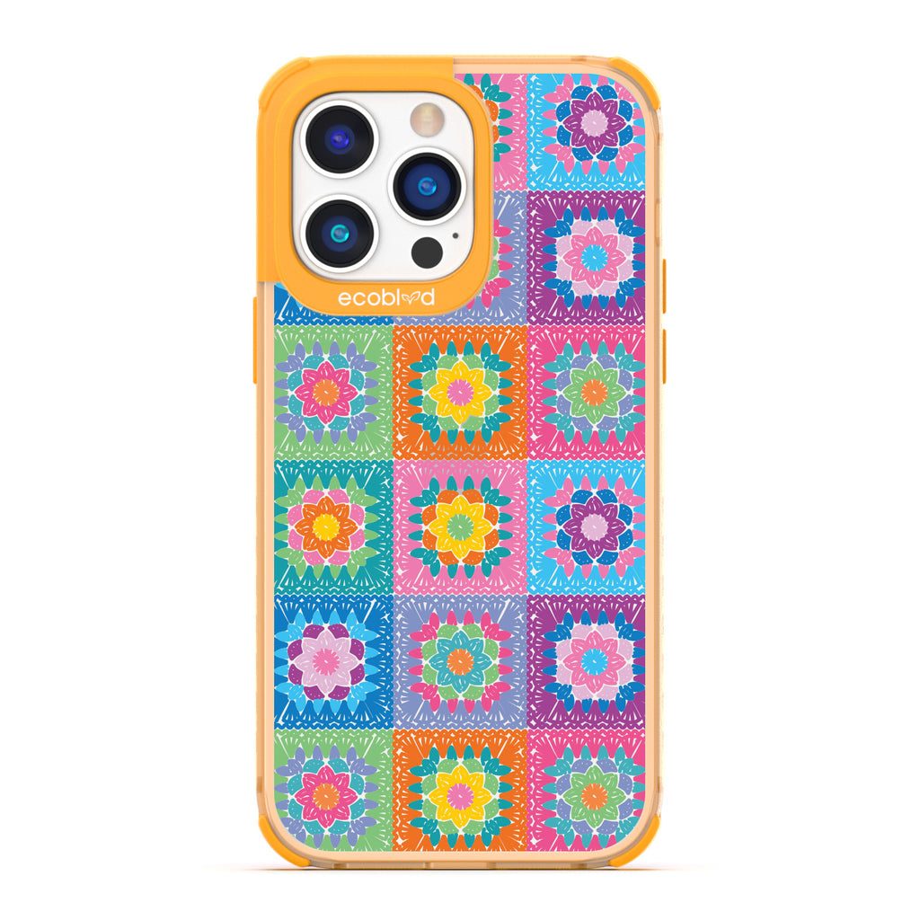 All Squared Away - Pastel Vintage Granny Squares Crochet - Eco-Friendly Clear iPhone 14 Pro Max Case With Yellow Rim