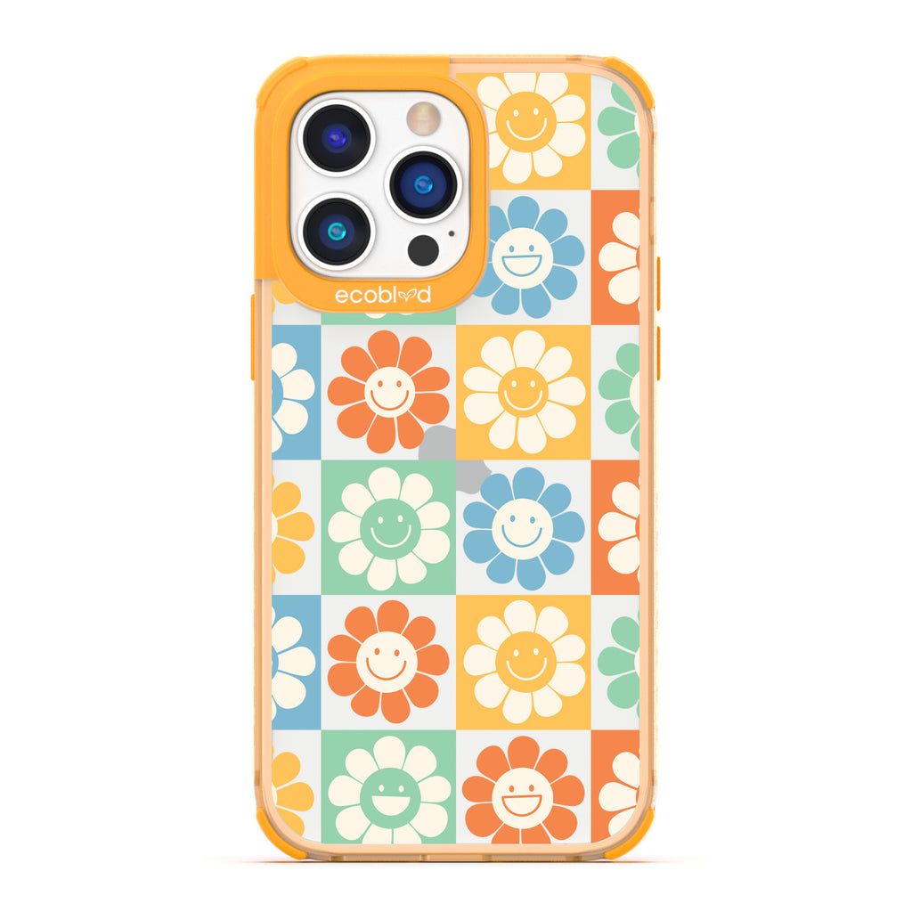Spring Collection - Yellow Compostable iPhone 14 Pro Case - 70's Gingham Cartoon Flowers W/ Smiley Faces On Clear Back