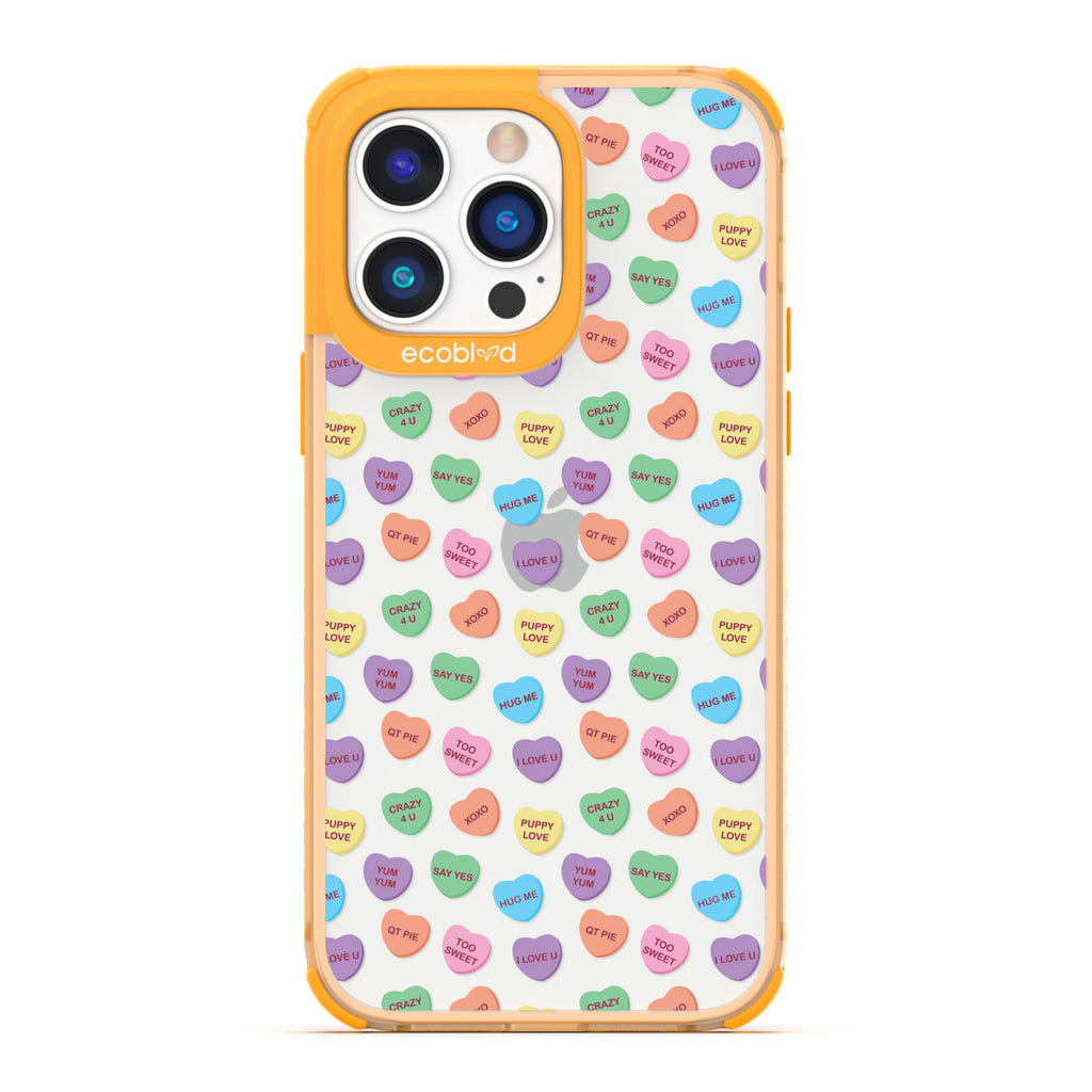 Love Collection - Yellow Compostable iPhone 14 Pro Case - Pastel Candy Hearts With Romantic Quotes On A Clear Back