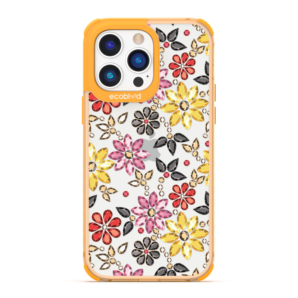 Spring Collection - Yellow Compostable iPhone 14 Pro Case - Rhinestone Jewels In Floral Patterns On A Clear Back