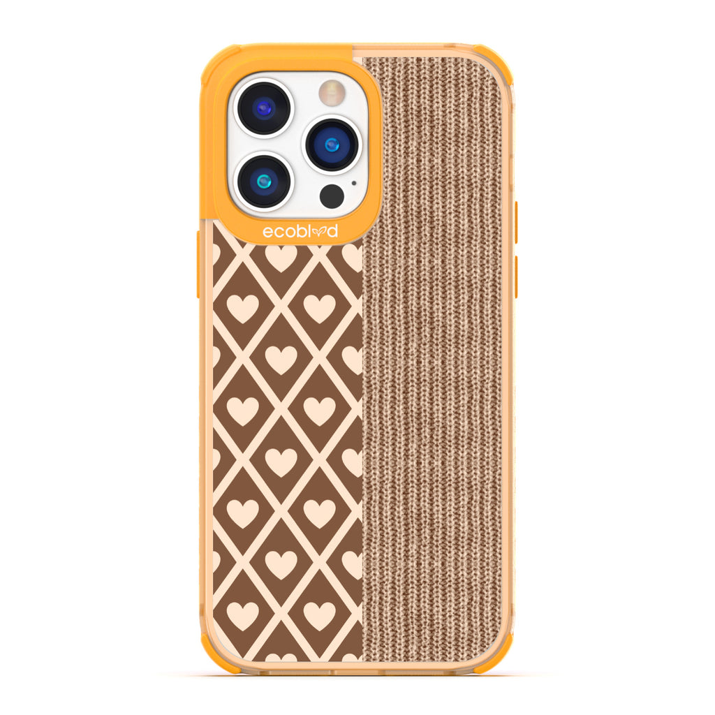 Love Collection - Yellow Compostable iPhone 14 Pro Max Case - Left: Brown Argyle Print & Right: Sewn Fabric On A Clear Back