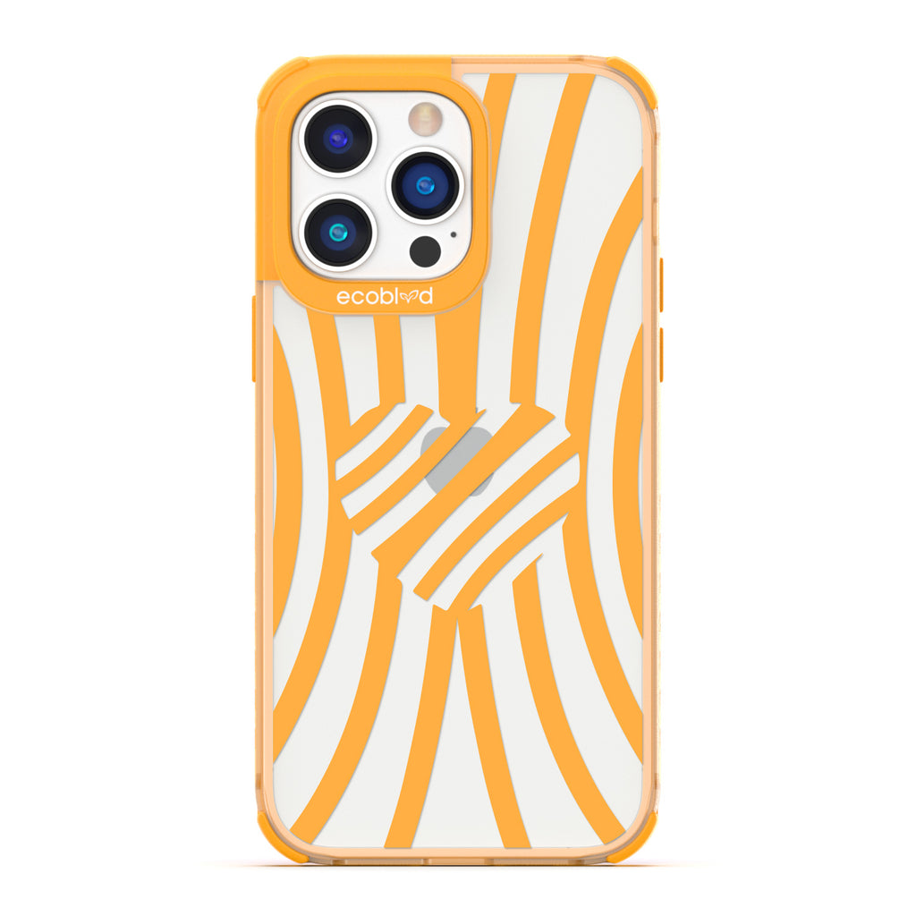 Love Collection - Yellow Compostable iPhone 14 Pro Max Case - Yellow Zebra Stripes & A Heart In The Center On A Clear Back