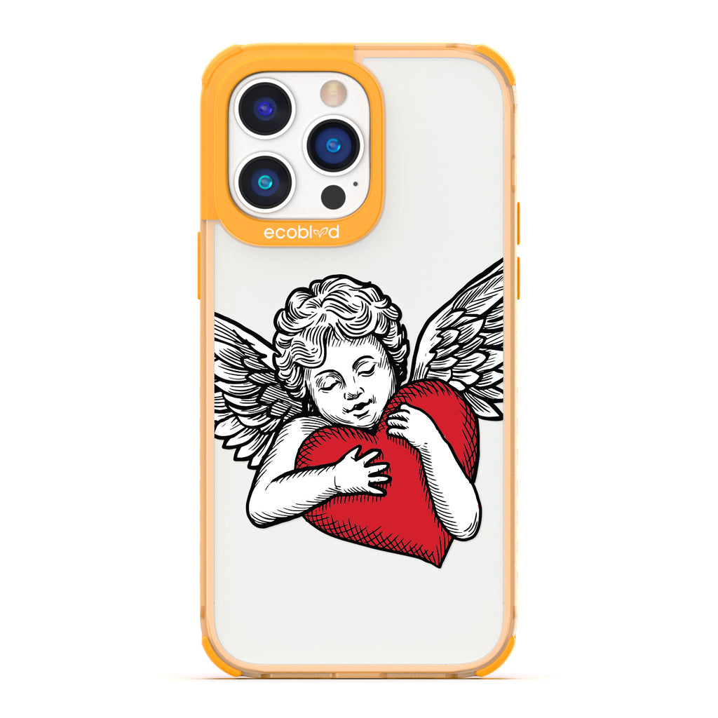 Love Collection - Yellow Compostable iPhone 14 Pro Case - Black & Grey Tattoo Style Cupid Holding Red Heart On A Clear Back