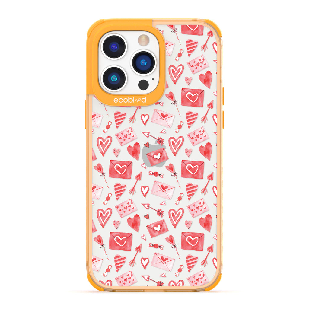 Love Collection - Yellow Compostable iPhone 14 Pro Case - Red & Pink Love Letter Envelopes, Hearts & Arrows On Clear Back