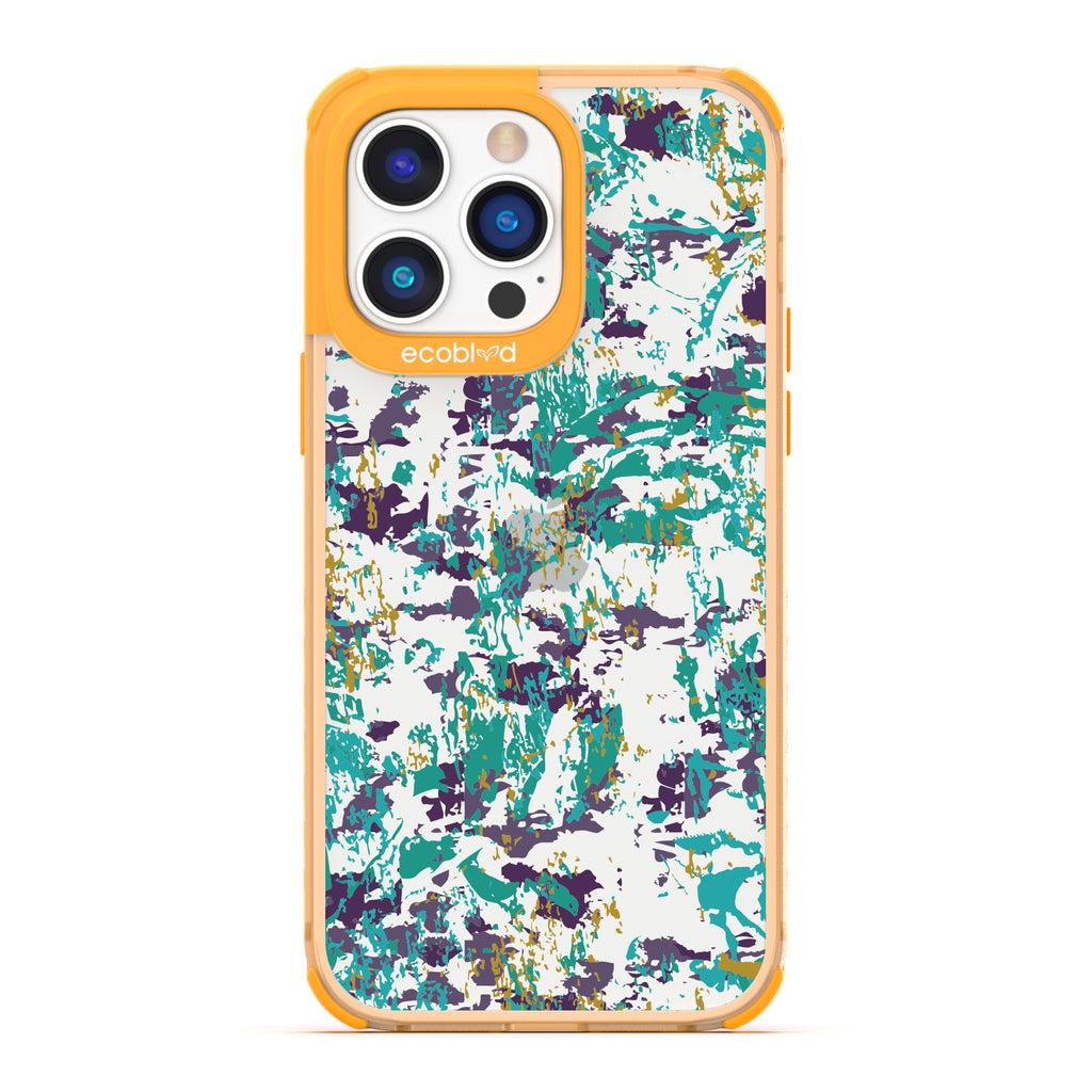 Contemporary Collection - Yellow Compostable iPhone 14 Pro Max Case - Abstract Expressionist Paint Splatter On A Clear Back