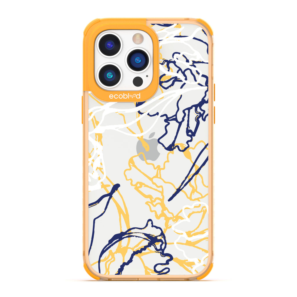 Contemporary Collection - Yellow Compostable iPhone 14 Pro Case - Minimalist Abstract Lines & Squiggles On A Clear Back