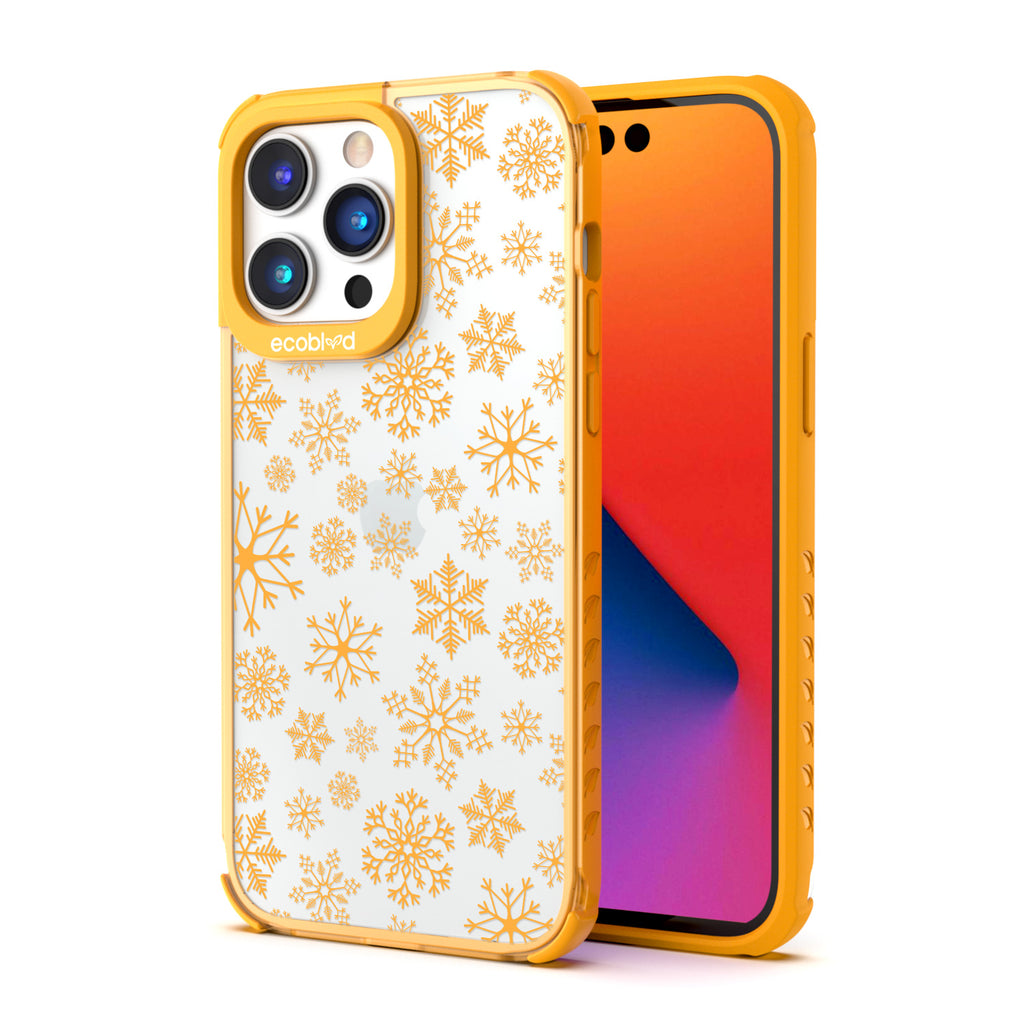 Back View Of Eco-Friendly Yellow Phone 14 Pro Winter Laguna Case With The Let It Snow Design & Front View Of The Screen