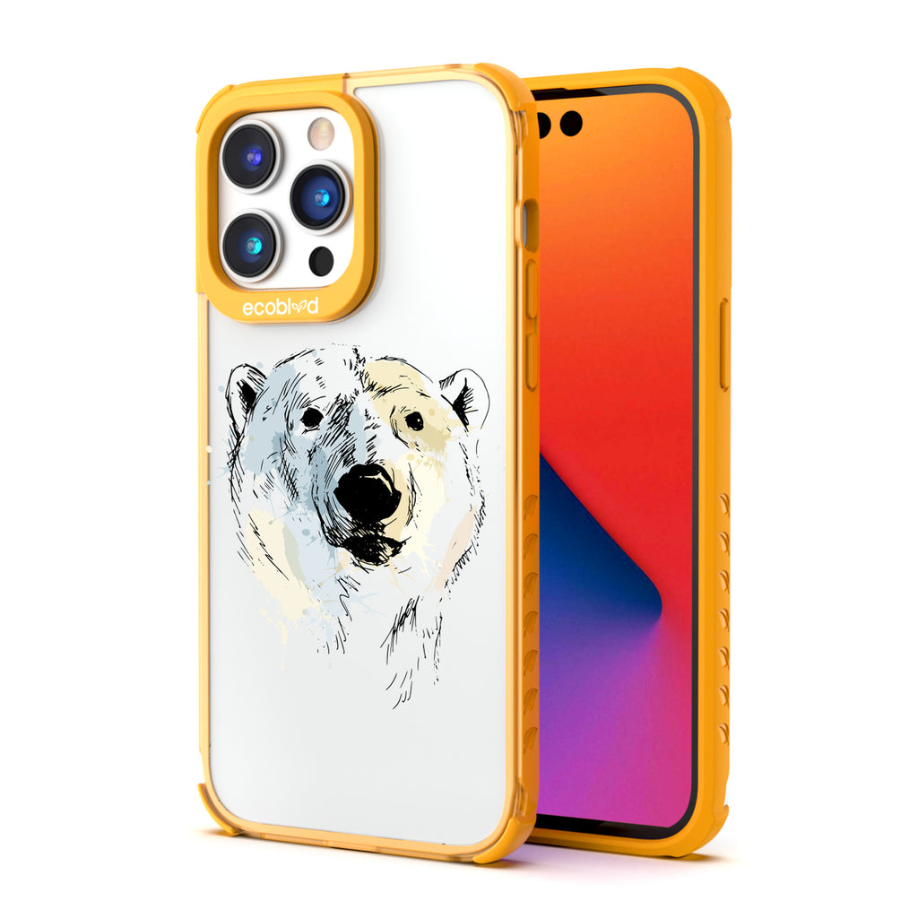 Back View Of Yellow Eco-Friendly iPhone 14 Pro Clear Case With The Polar Bear Design & Front View Of Screen