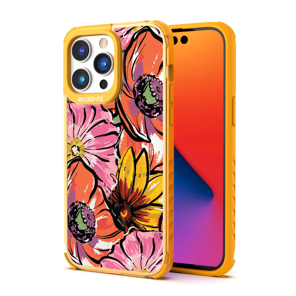 Back View Of Yellow Eco-Friendly iPhone 14 Pro Max Clear Case With Feeling Lush Design & Front View Of Screen