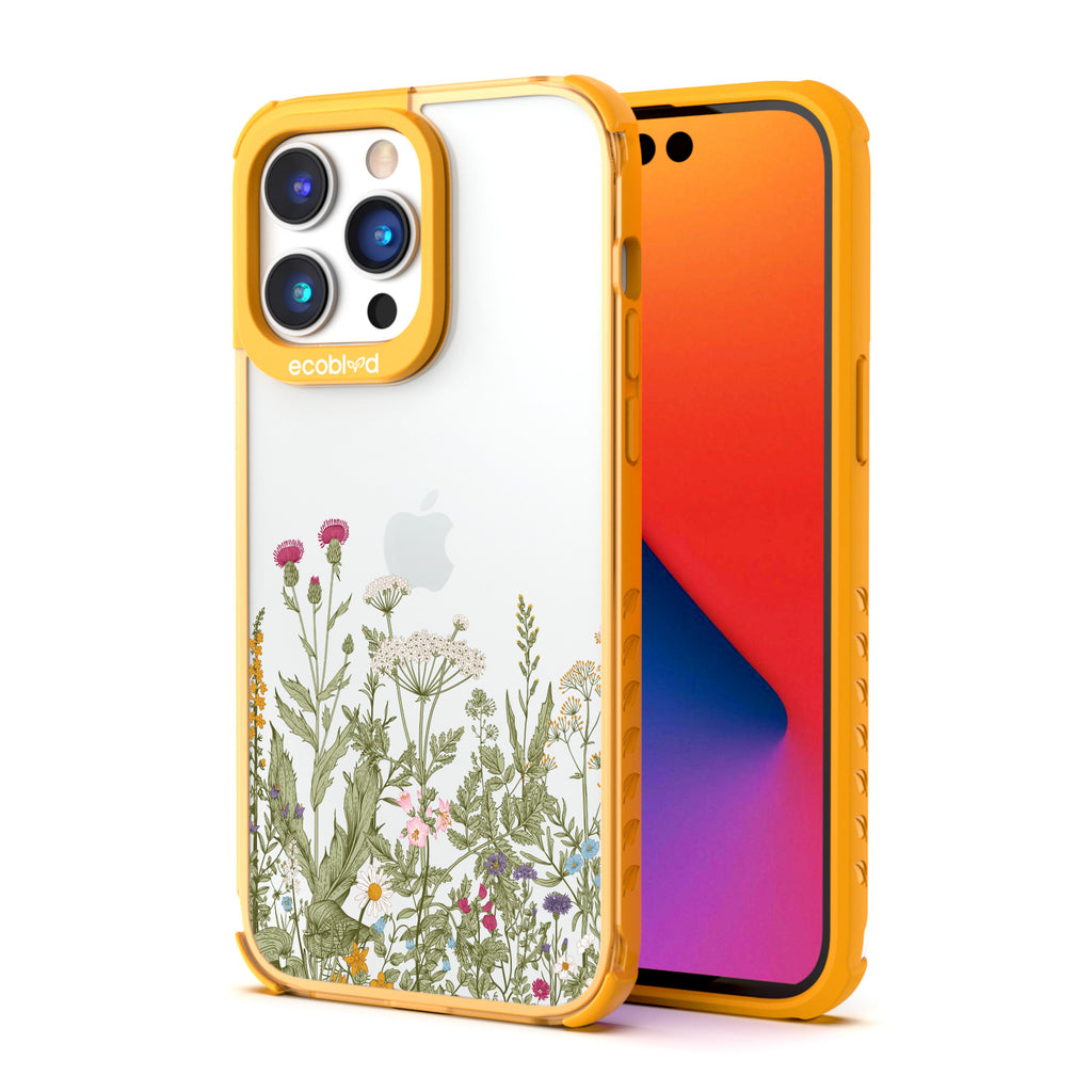 Back View Of Yellow Eco-Friendly iPhone 14 Pro Max Clear Case With Take Root Design & Front View Of Screen