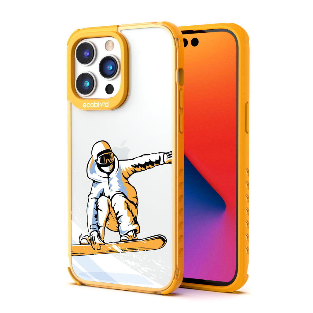 Winter Collection - Yellow Eco-Friendly iPhone 14 Pro Max Case - A Snowboarder Jumps While Holding The Board On A Clear Back