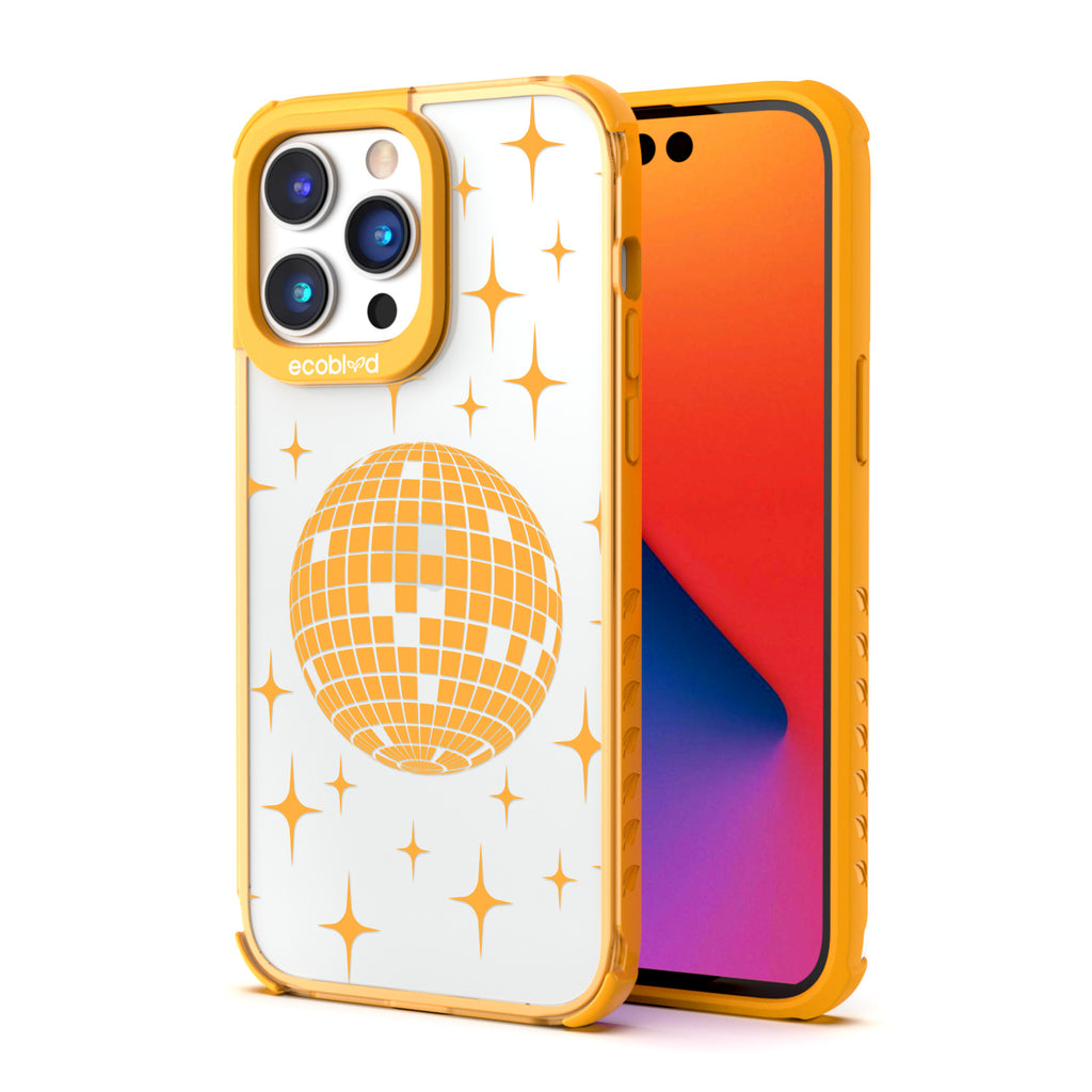 Back View Of Yellow Compostable iPhone 14 Pro Clear Case With The Disco With The Flow Design & Front View Of Screen