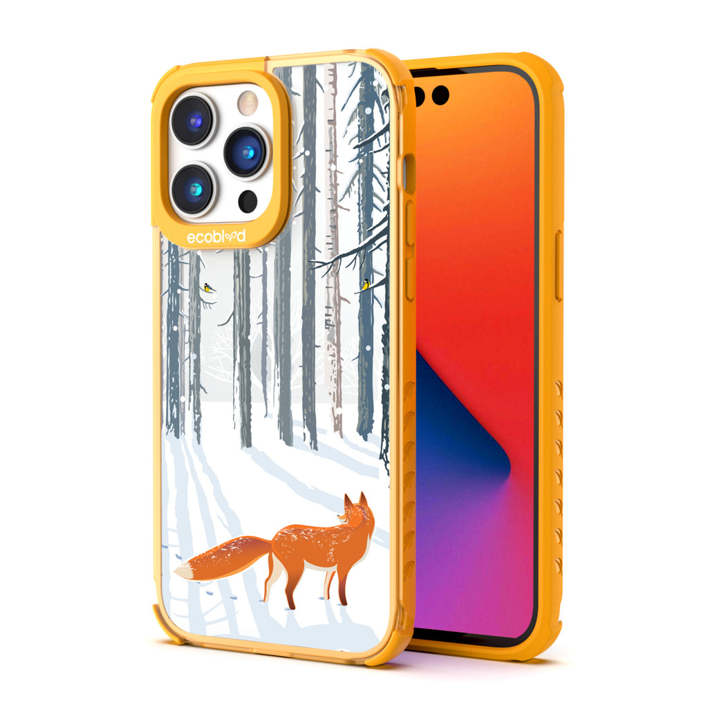 Back View Of Yellow Eco-Friendly iPhone 14 Pro Max Clear Case With The Fox Trot In The Snow Design & Front View Of Screen