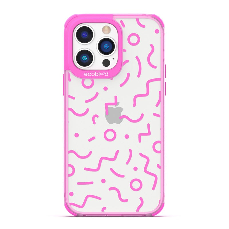 90's Kids - Pink Eco-Friendly iPhone 14 Pro Case with Retro 90's Lines & Squiggles On A Clear Back