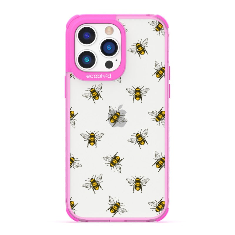 Laguna Collection - Pink Eco-Friendly iPhone 14 Pro Case With A Honey Bees Design On A Clear Back - Compostable