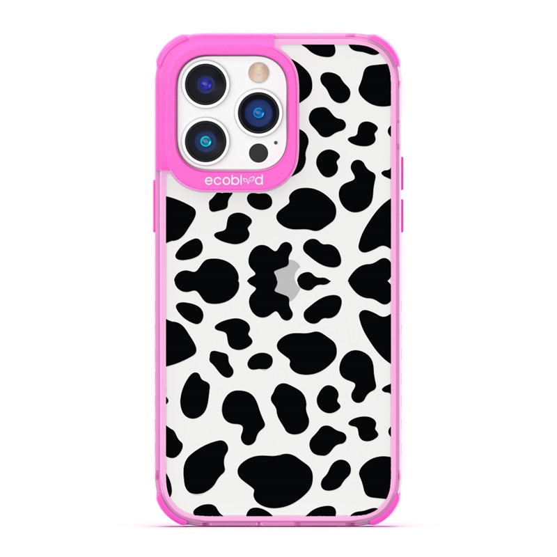 Laguna Collection - Pink Eco-Friendly iPhone 14 Pro Case with Black Spots Cow Print Pattern On A Clear Back - Compostable