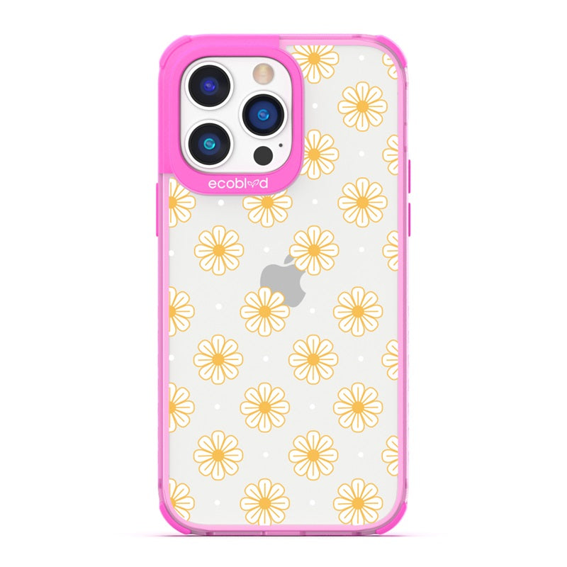 Laguna Collection - Pink Eco-Friendly iPhone 14 Pro White Daisy And Dots Floral Pattern On A Clear Back - Compostable