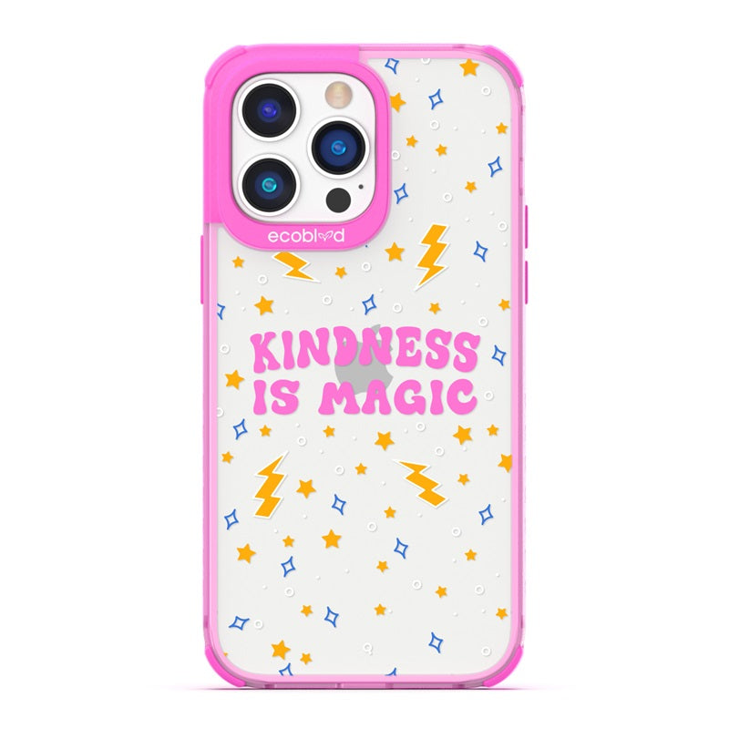 Laguna Collection - Pink Compostable iPhone 14 Pro Case With Kindness Is Magic, Lightning & Stars On A Clear Back