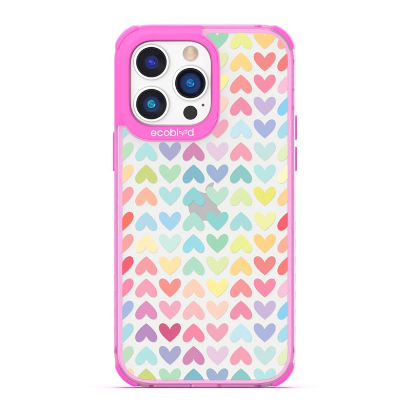 Laguna Collection - Pink Eco-Friendly iPhone 14 Pro Case With A Pastel Rainbow Hearts Pattern On A Clear Back - Compostable