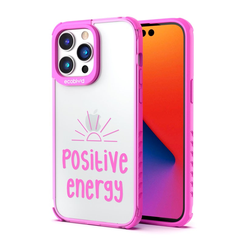 Back View Of The Pink iPhone 14 Pro Laguna Case With The Positive Energy Design On A Clear Back And Front View Of The Screen