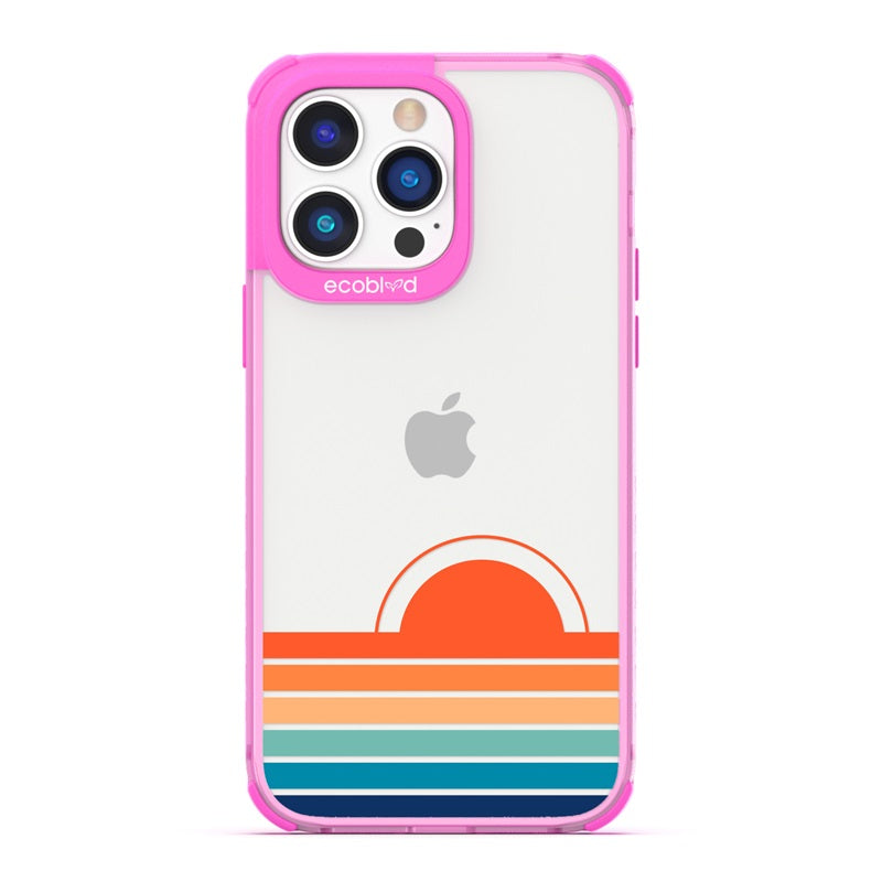 Laguna Collection - Pink Eco-Friendly iPhone 14 Pro Case With Sun Rising From Rainbow Gradient Stripes On A Clear Back