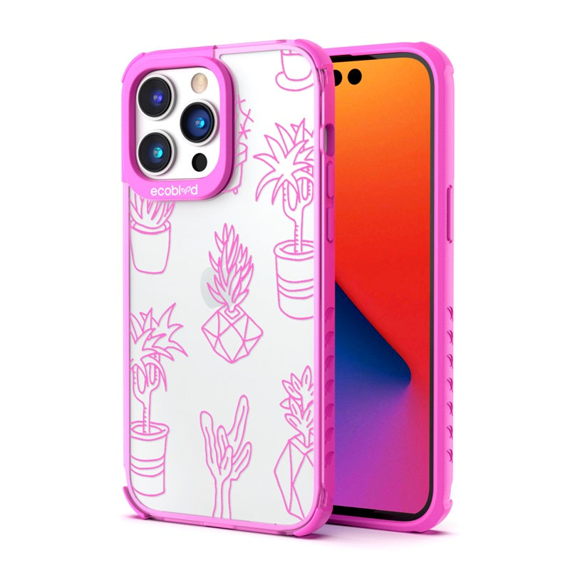 Back View Of The Pink iPhone 14 Pro Laguna Case With Succulent Garden Design On A Clear Back And Front View Of The Screen