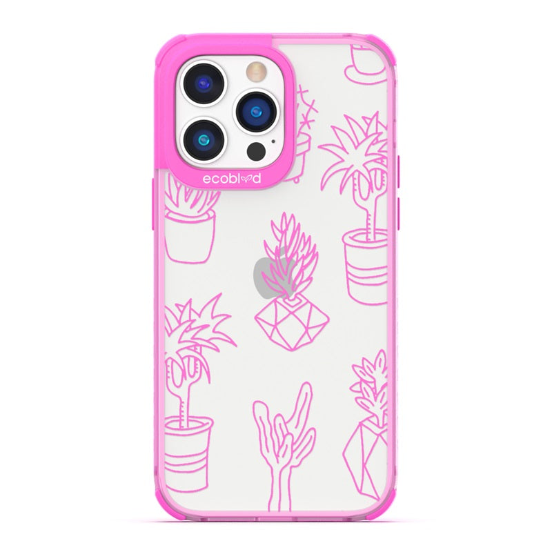 Laguna Collection - Pink Eco-Friendly iPhone 14 Pro Case With Line Art Succulent Garden On A Clear Back - Compostable