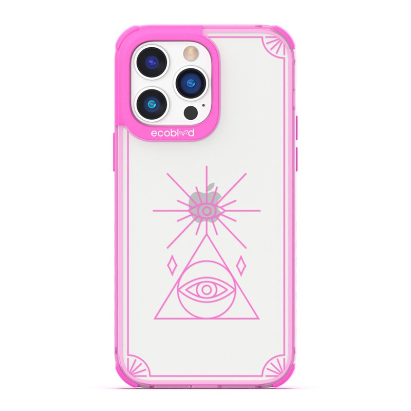 Laguna Collection - Pink Eco-Friendly iPhone 14 Pro Case With An All Seeing Eye Tarot Card Design On A Clear Back