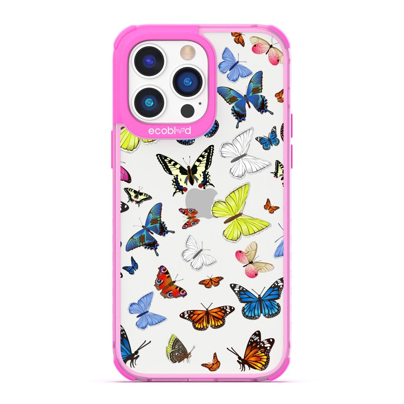 Laguna Collection - Pink Eco-Friendly iPhone 14 Pro Case With Multicolored Butterflies On A Clear Back - Compostable