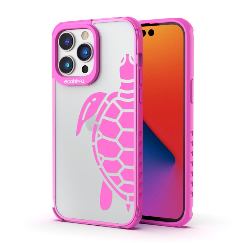 Back View Of The Pink iPhone 14 Pro Laguna Case With The Sea Turtle Design On A Clear Back And Front View Of The Screen
