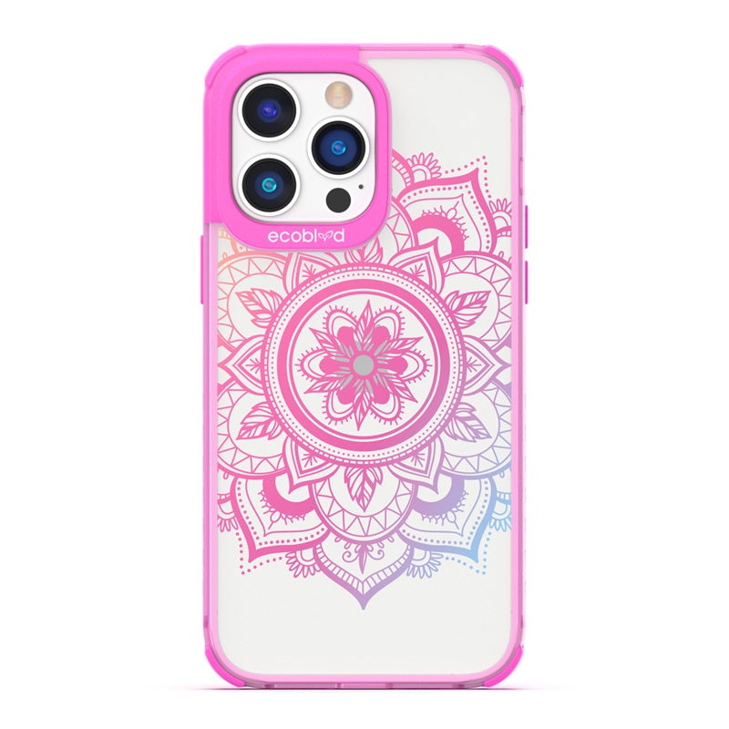 Laguna Collection - Pink Eco-Friendly iPhone 14 Pro Case With A Pink Gradient Lotus Flower Mandala Design On A Clear Back