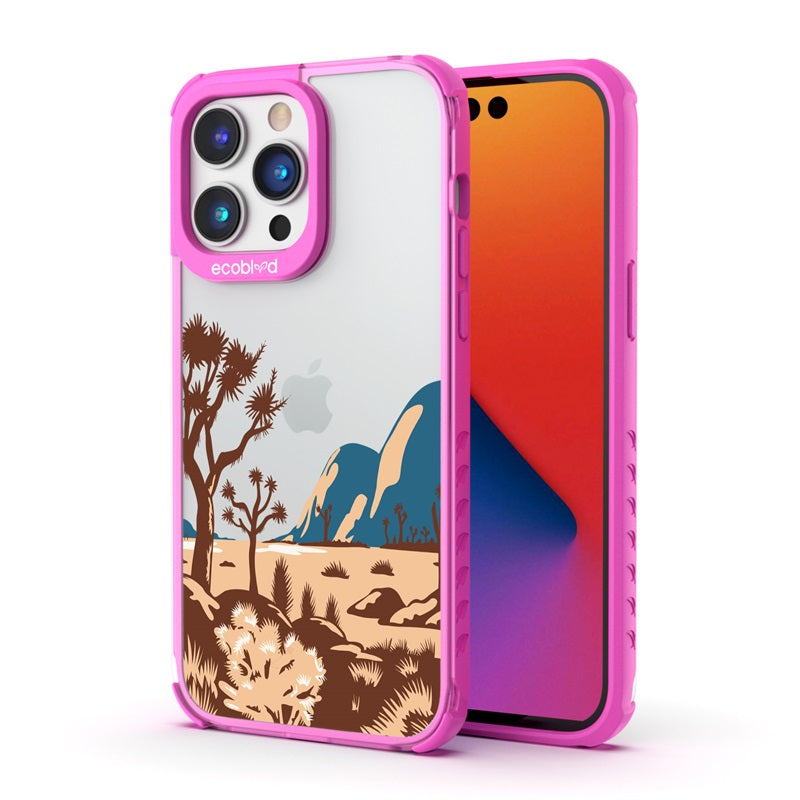 Back View Of The Pink Compostable iPhone 14 Pro Laguna Case With Joshua Tree Design & Front View Of The Screen