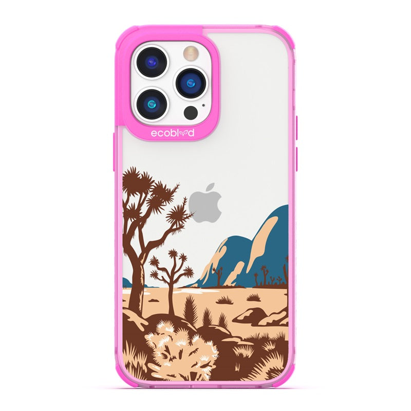 Laguna Collection - Pink Eco-Friendly iPhone 14 Pro Case With Minimalist Joshua Tree Desert Landscape On A Clear Back