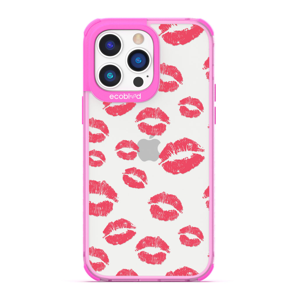 Love Collection - Pink Compostable iPhone 14 Pro Max Case - Multiple Red Lipstick Kisses On A Clear Back